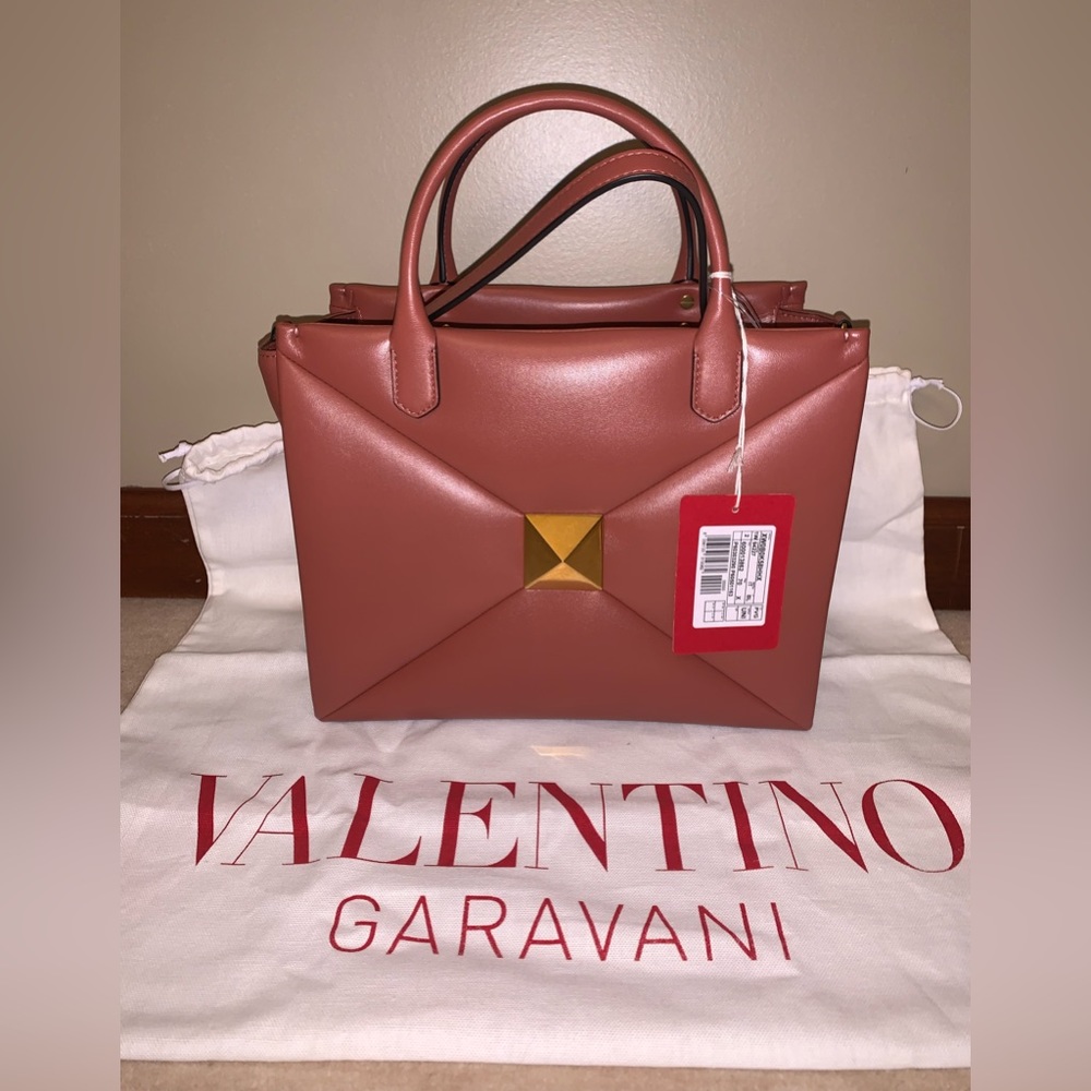 NWT: Valentino Garavani Medium One Stud Leather Top Handle Bag, Ginger bread